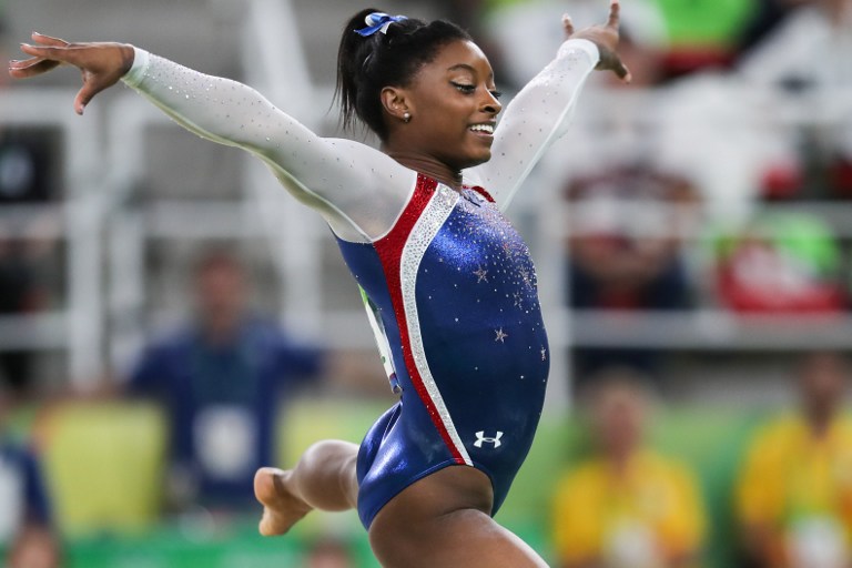 US gymnast Simone Biles competes during a floor exercise event of women's individual all-around of Artistic Gymnastics at the 2016 Rio Olympic Games (Photo by Zheng Huansong / NurPhoto)